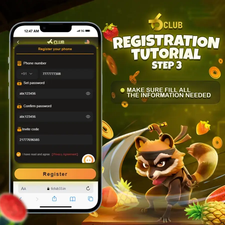 6 Club registration and sign-in form shown on a phone